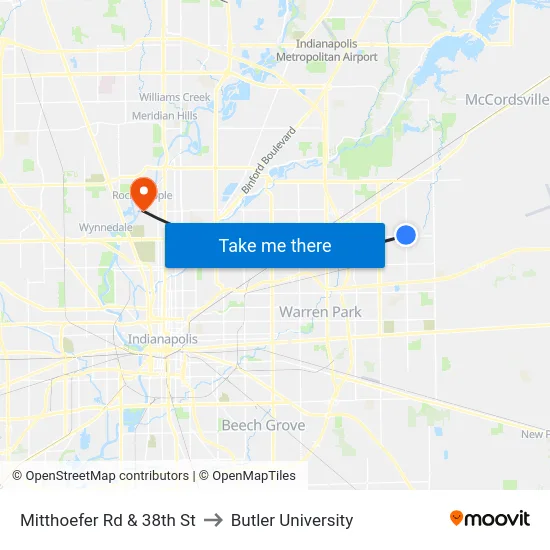 Mitthoefer Rd & 38th St to Butler University map