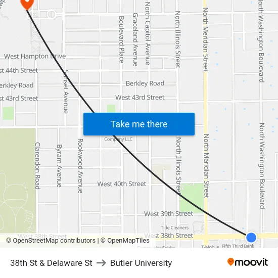 38th St & Delaware St to Butler University map