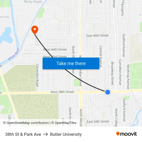 38th St & Park Ave to Butler University map