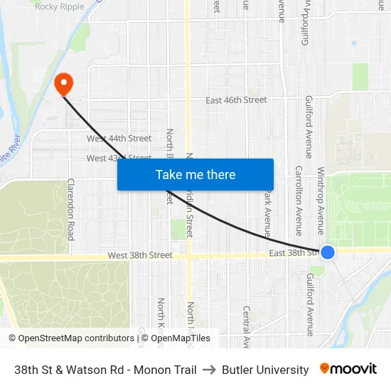 38th St & Watson Rd - Monon Trail to Butler University map