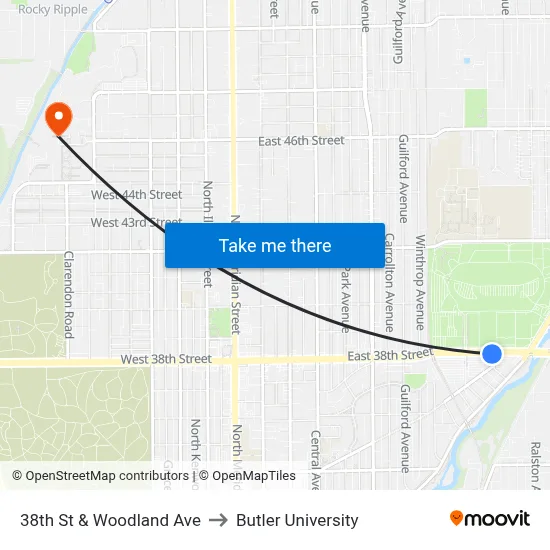 38th St & Woodland Ave to Butler University map
