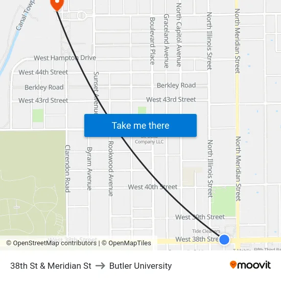 38th St & Meridian St to Butler University map