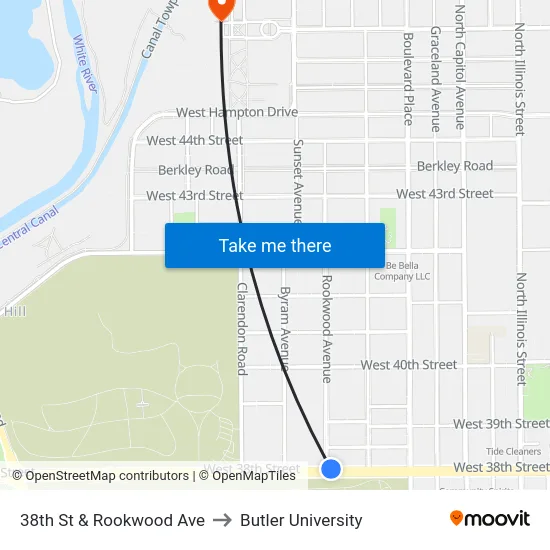 38th St & Rookwood Ave to Butler University map