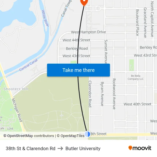 38th St & Clarendon Rd to Butler University map