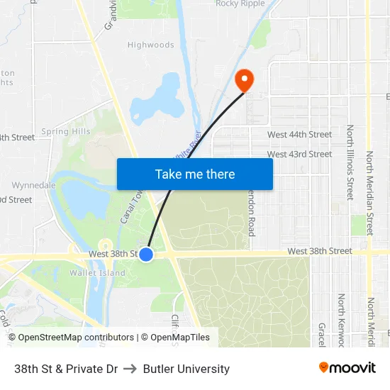 38th St & Private Dr to Butler University map