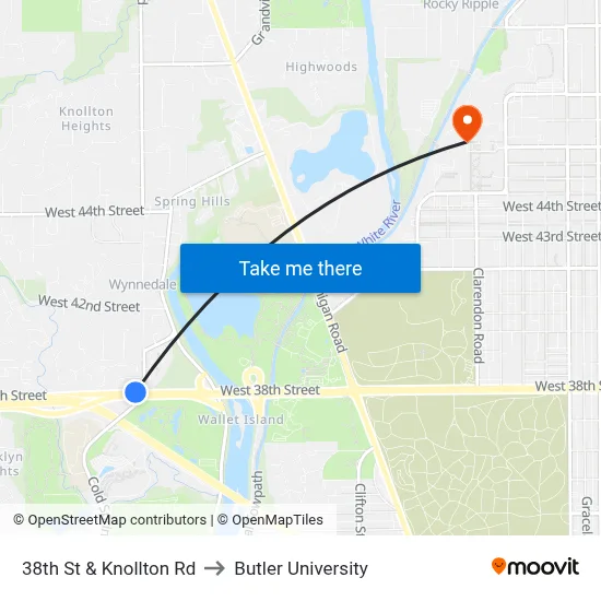 38th St & Knollton Rd to Butler University map