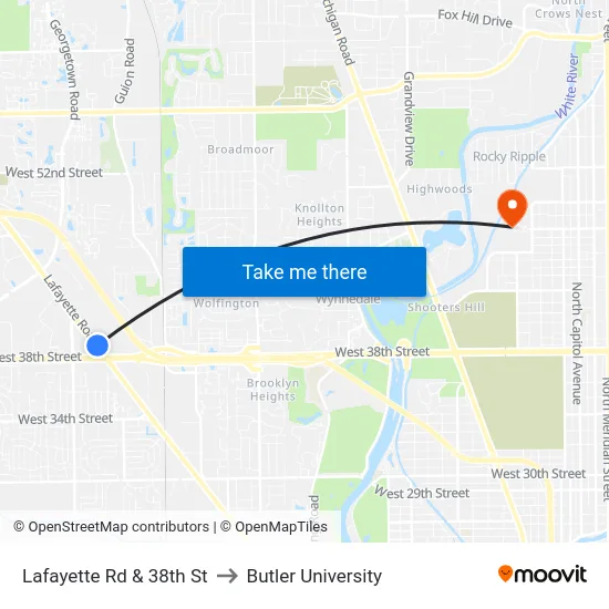Lafayette Rd & 38th St to Butler University map