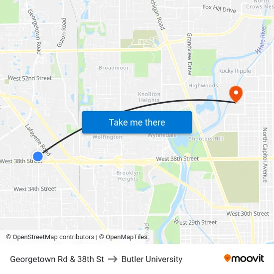 Georgetown Rd & 38th St to Butler University map