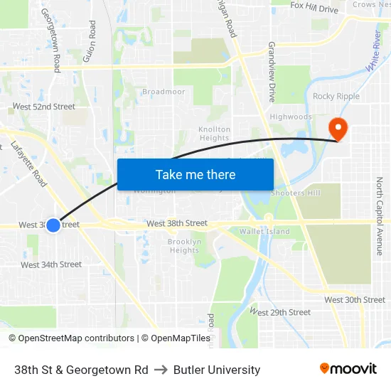 38th St & Georgetown Rd to Butler University map