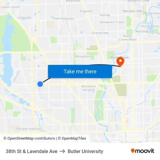 38th St & Lawndale Ave to Butler University map