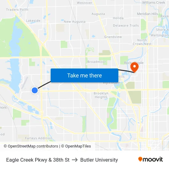 Eagle Creek Pkwy & 38th St to Butler University map