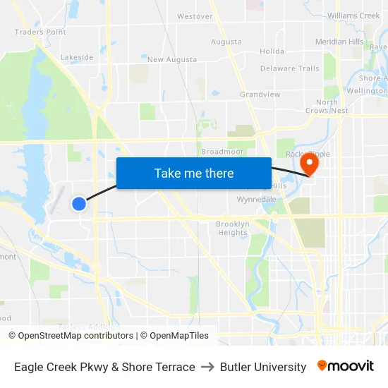 Eagle Creek Pkwy & Shore Terrace to Butler University map