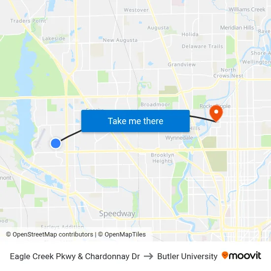 Eagle Creek Pkwy & Chardonnay Dr to Butler University map