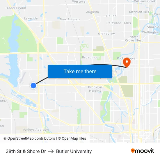 38th St & Shore Dr to Butler University map