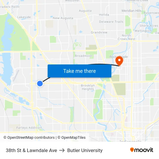 38th St & Lawndale Ave to Butler University map