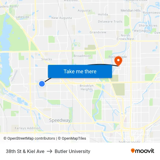38th St & Kiel Ave to Butler University map