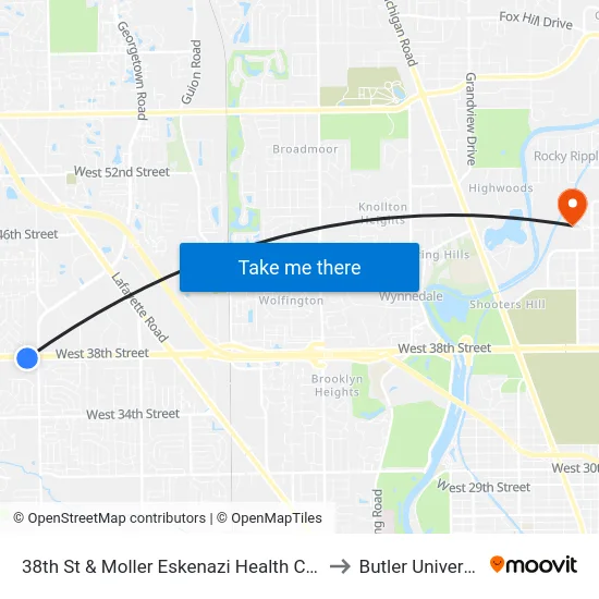 38th St & Moller Eskenazi Health Center to Butler University map