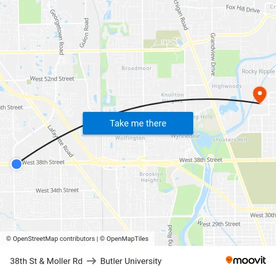 38th St & Moller Rd to Butler University map