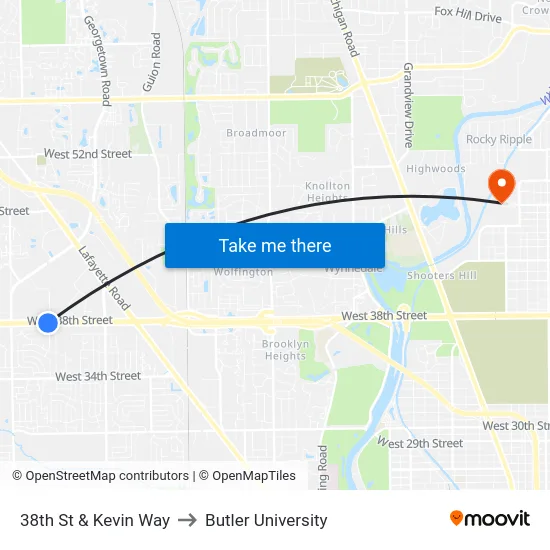 38th St & Kevin Way to Butler University map