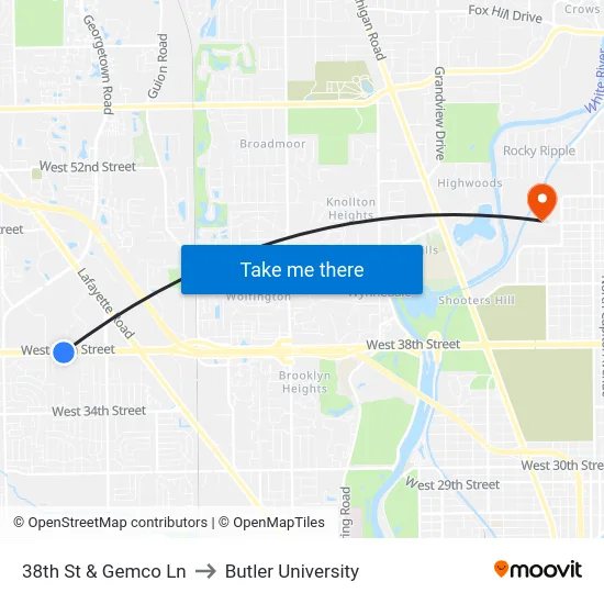 38th St & Gemco Ln to Butler University map