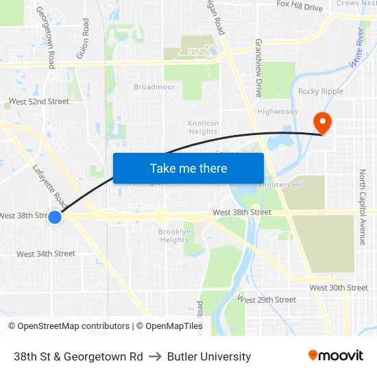 38th St & Georgetown Rd to Butler University map