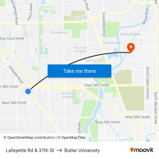 Lafayette Rd & 37th St to Butler University map