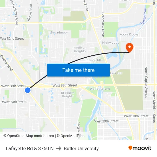 Lafayette Rd & 3750 N to Butler University map