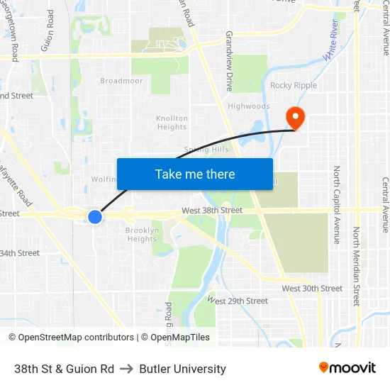 38th St & Guion Rd to Butler University map