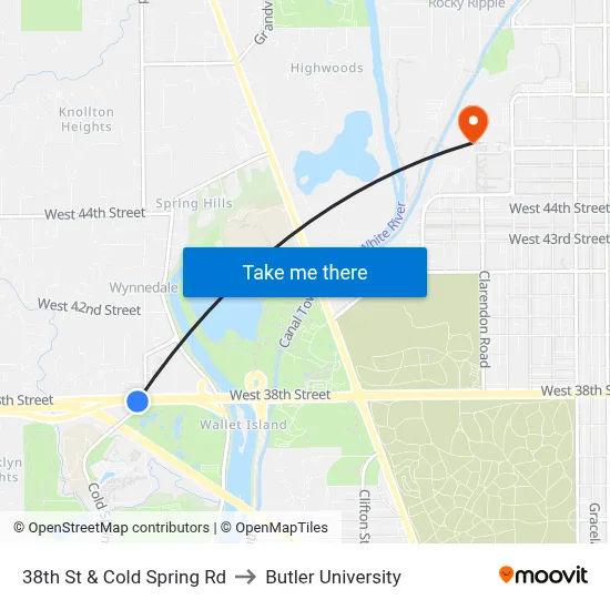 38th St & Cold Spring Rd to Butler University map