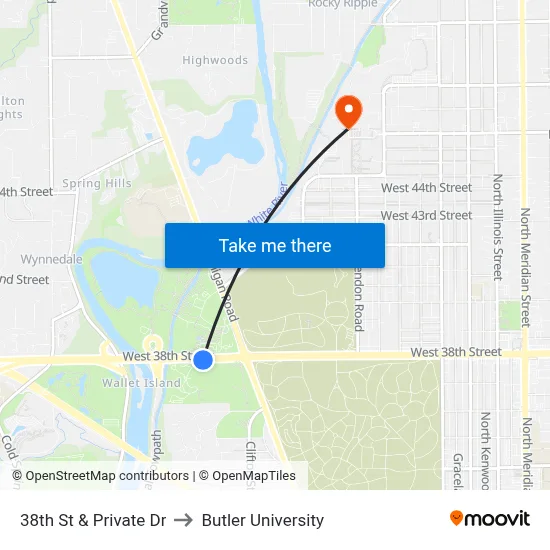 38th St & Private Dr to Butler University map