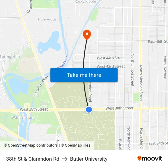 38th St & Clarendon Rd to Butler University map