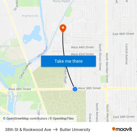 38th St & Rookwood Ave to Butler University map