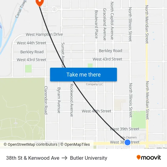 38th St & Kenwood Ave to Butler University map
