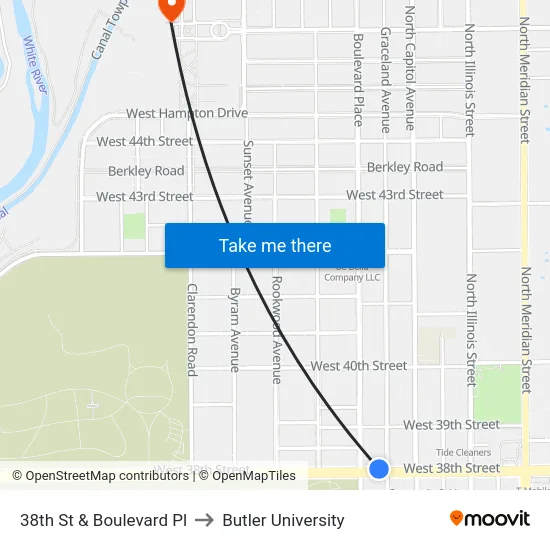 38th St & Boulevard Pl to Butler University map