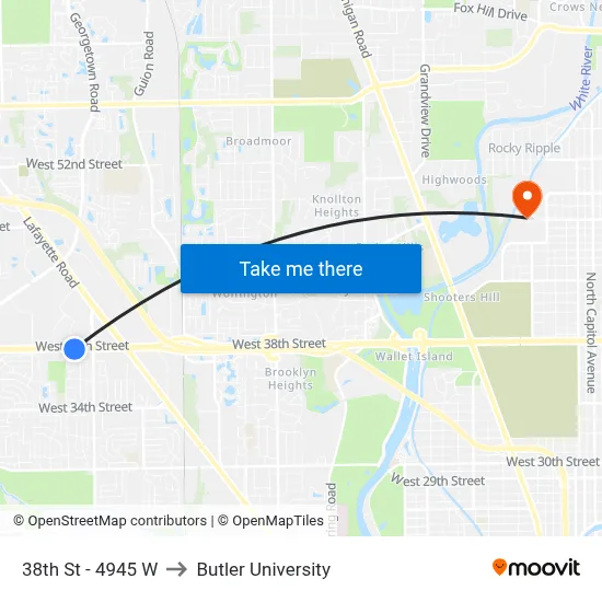 38th St - 4945 W to Butler University map