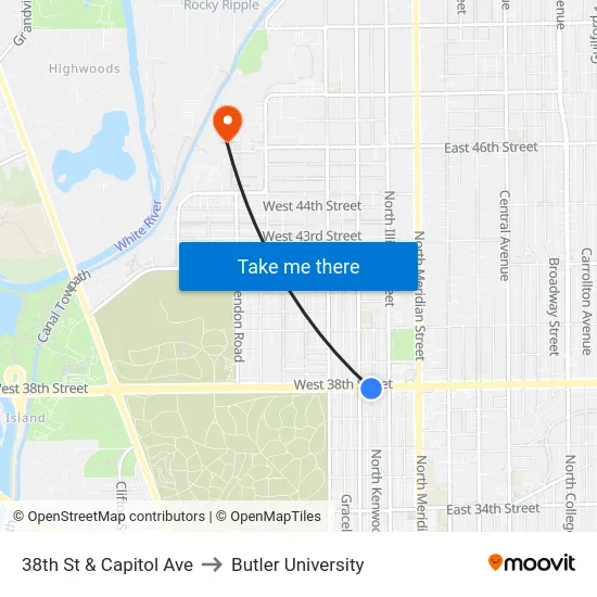 38th St & Capitol Ave to Butler University map