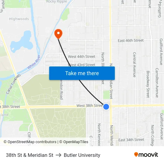 38th St & Meridian St to Butler University map