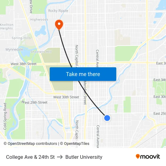 College Ave & 24th St to Butler University map