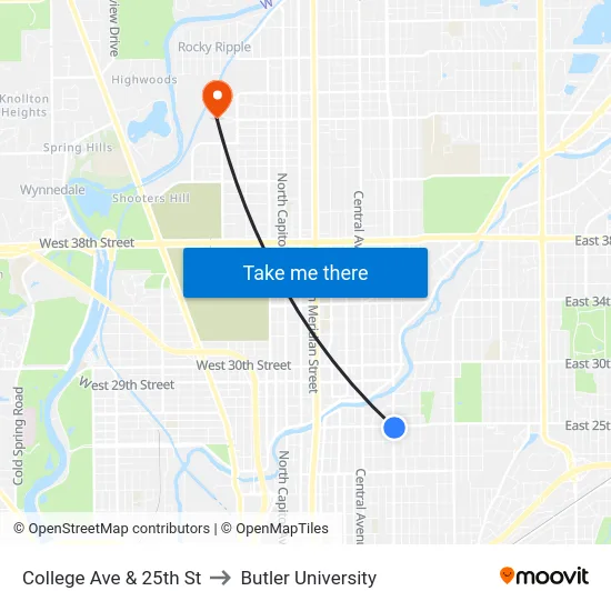 College Ave & 25th St to Butler University map