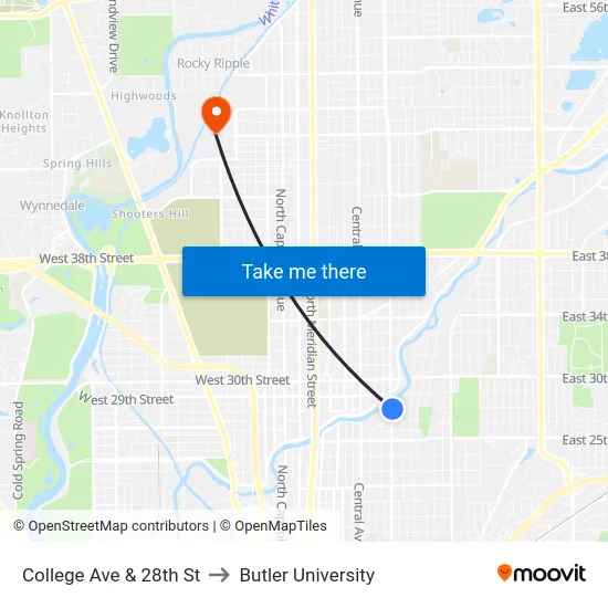 College Ave & 28th St to Butler University map