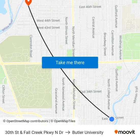 30th St & Fall Creek Pkwy N Dr to Butler University map