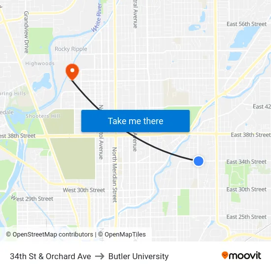 34th St & Orchard Ave to Butler University map