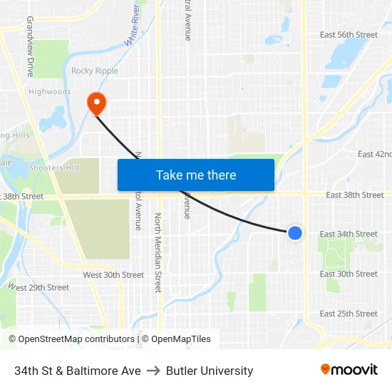 34th St & Baltimore Ave to Butler University map