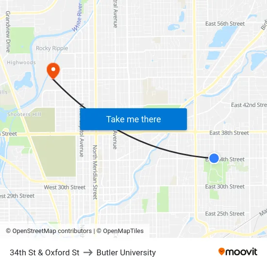 34th St & Oxford St to Butler University map