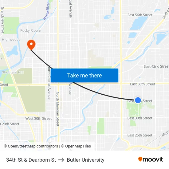 34th St & Dearborn St to Butler University map