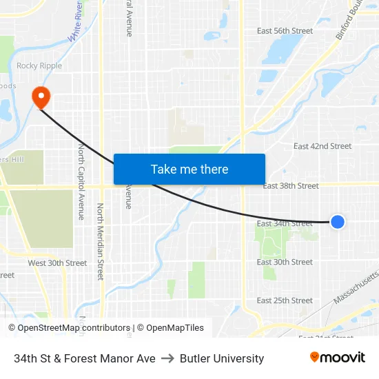 34th St & Forest Manor Ave to Butler University map