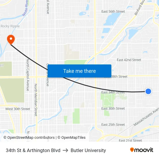 34th St & Arthington Blvd to Butler University map
