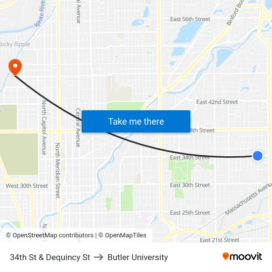 34th St & Dequincy St to Butler University map