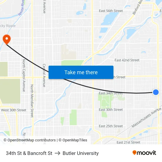 34th St & Bancroft St to Butler University map