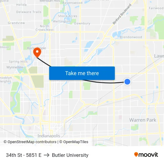 34th St - 5851 E to Butler University map